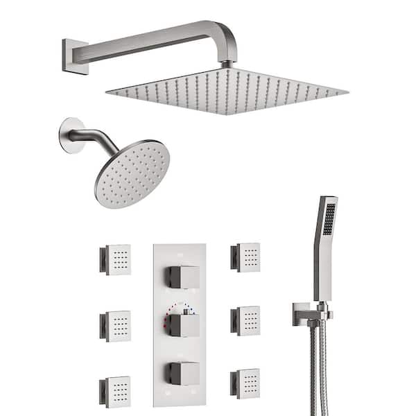 CRANACH Thermostatic Triple Handles 8-Spray Dual Shower Head Shower Faucet with 6-Jets in Brushed Nickel (Valve Included)