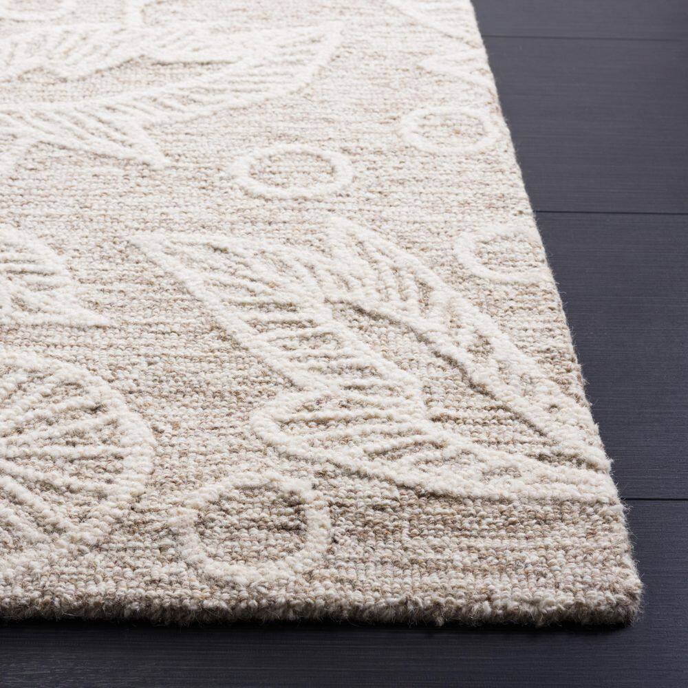 Natural Ivory Floral Hand-Tufted Wool Area Rug 5' x 8'