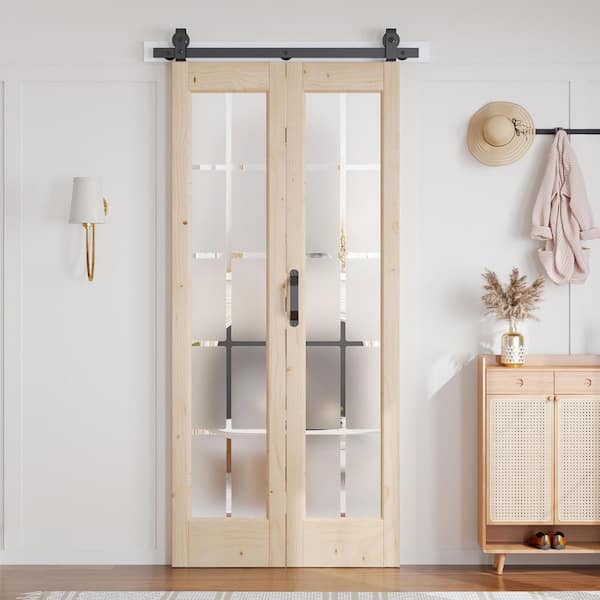36 in. x 84 in. Full Lite Pre-Assembled Frosted Glass Solid Core Brown Wood Bi-fold Door with Hardware