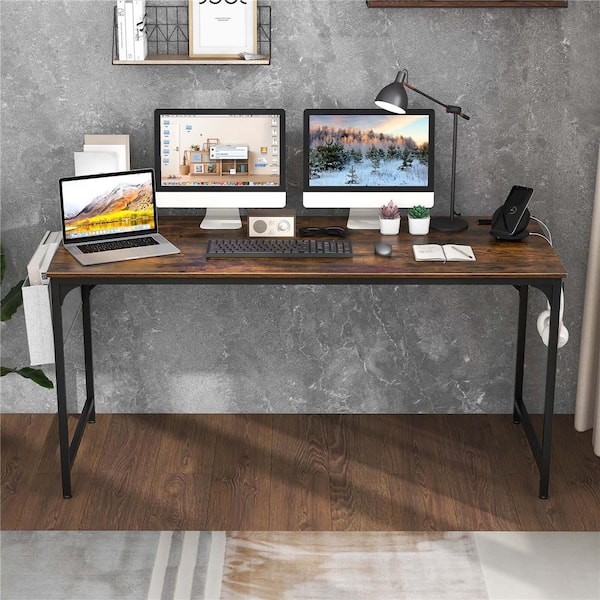 60 in. Rectangular Rustic Brown Wood Desk with Charging Station with Storage Bag and Headphone Hook