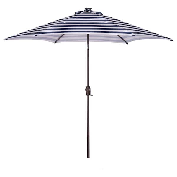 Unbranded 8.7 ft. Outdoor Market Table Patio Umbrella with Push Button Tilt and Crank in Blue White Stripes with 24 LED Light