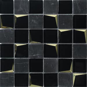 Hotel Luxe Black 3.93 in. x 3.93 in. Square Joint Polished/Matte Marble Glass Mosaic Wall Tile Sample (0.11 sq. ft./Ea)