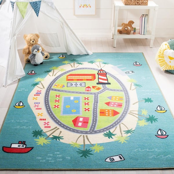 Kids Playhouse Blue/Green 7 ft. x 9 ft. Machine Washable Novelty Area Rug