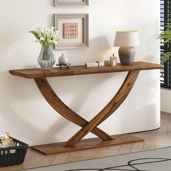 CHRISTOPHER KNIGHT HOME Minimalist 57 in. Brown Rectangle Acacia Veneer and MDF Console Table with Cross Legs