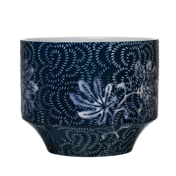 Storied Home 8.25 in. W x 6.75 in. H Blue and White Stoneware Decorative Pot with Floral Pattern