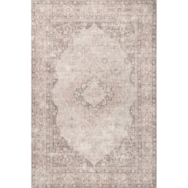 nuLOOM Elsa Machine Washable Floral Blossom Medallion Beige 4 ft. x 6 ft. Area Rug