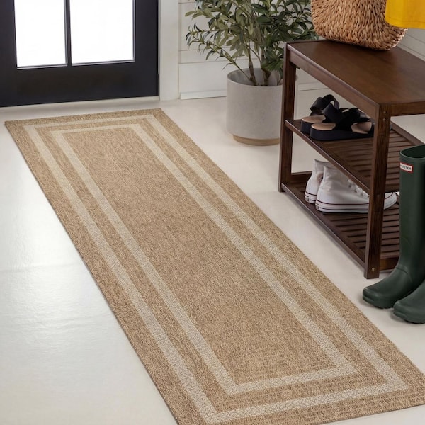 Frenzy Easy Jute Minimalist Boho Inset Border Natural/Beige 2 ft. x 8 ft. Indoor/Outdoor Runner Rug