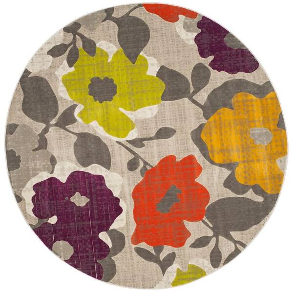 SAFAVIEH Porcello Grey/Yellow 7 ft. x 7 ft. Round Floral Area Rug