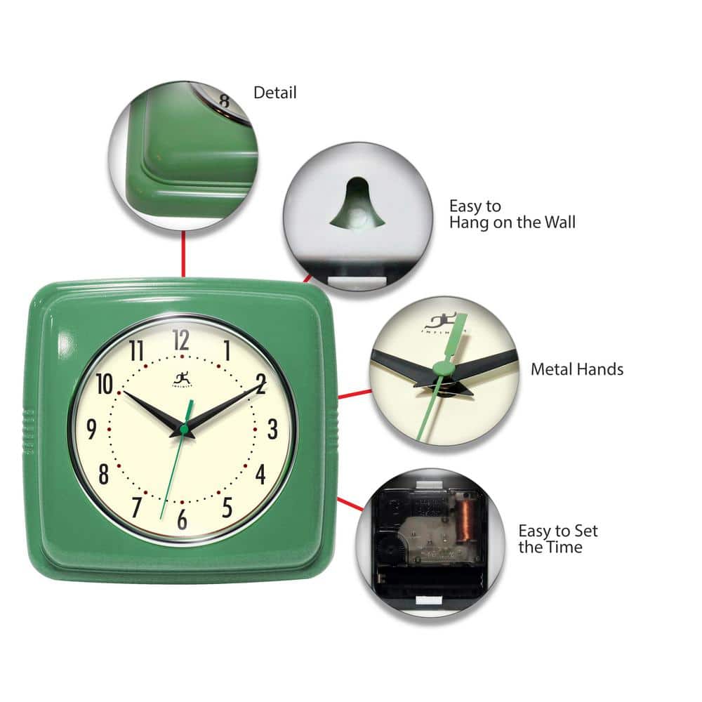 9.25" Green Retro Plastic Square Analog Wall Clock