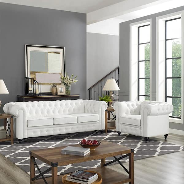 88.58 in. 2-Piece Wide Chesterfield Sofa and Accent Chair Living Room Set with Rolled Arms in White Faux Leather