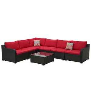 7-Piece Black Wicker Outdoor Patio Sectional Sofa Conversation Set with Red Cushions and 1-Coffee Table