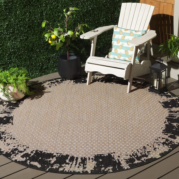 Beach House Black/Beige 7 ft. x 7 ft. Distressed Border Indoor/Outdoor Round Area Rug