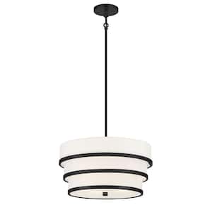 Cascade 3-Light Black Shaded Pendant Light with White Linen Shades