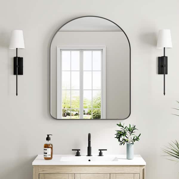 28 in. W x 36 in. H Arched Framed Wall Bathroom Vanity Mirror with Aluminum Frame in Matte Black