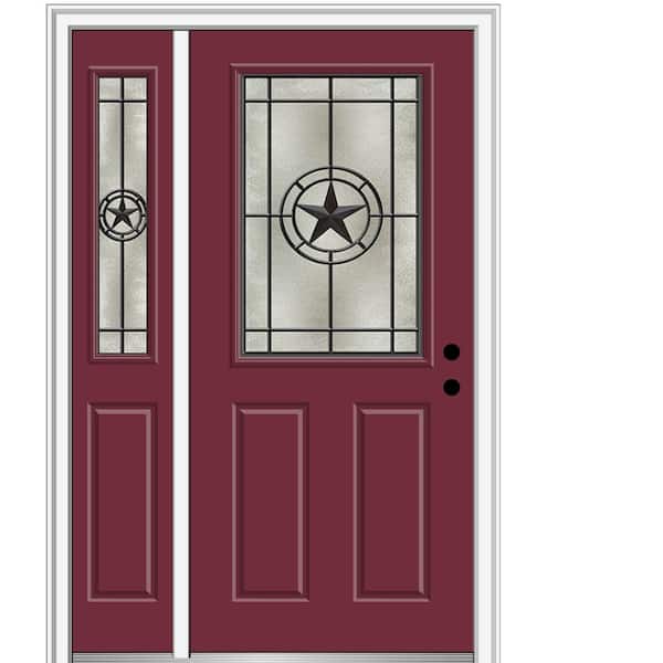 MMI Door Elegant Star 48 in. x 80 in. Left-Hand Inswing 1/2 Lite Decorative Glass Burgundy Painted Fiberglass Prehung Front Door