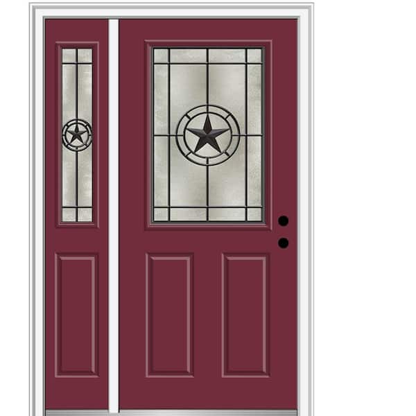 MMI DOOR Elegant Star 48 in. x 80 in. Left-Hand Inswing 1/2 Lite Decorative Glass Burgundy Painted Fiberglass Prehung Front Door