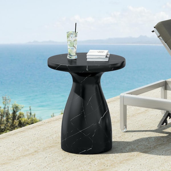 Noble House Ips Outdoor Patio Concrete Accent Side Table, Marble Effect Finish, Black