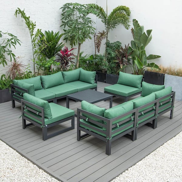 Leisuremod Chelsea Black 9 Piece Aluminum Patio Conversation Set with Green Cushions