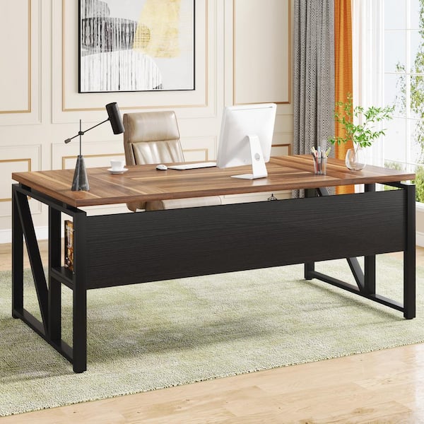 BYBLIGHT Moronia 62.9 in. Rectangular Brown and Black Engineered Wood Computer Desk with Storage Shelf