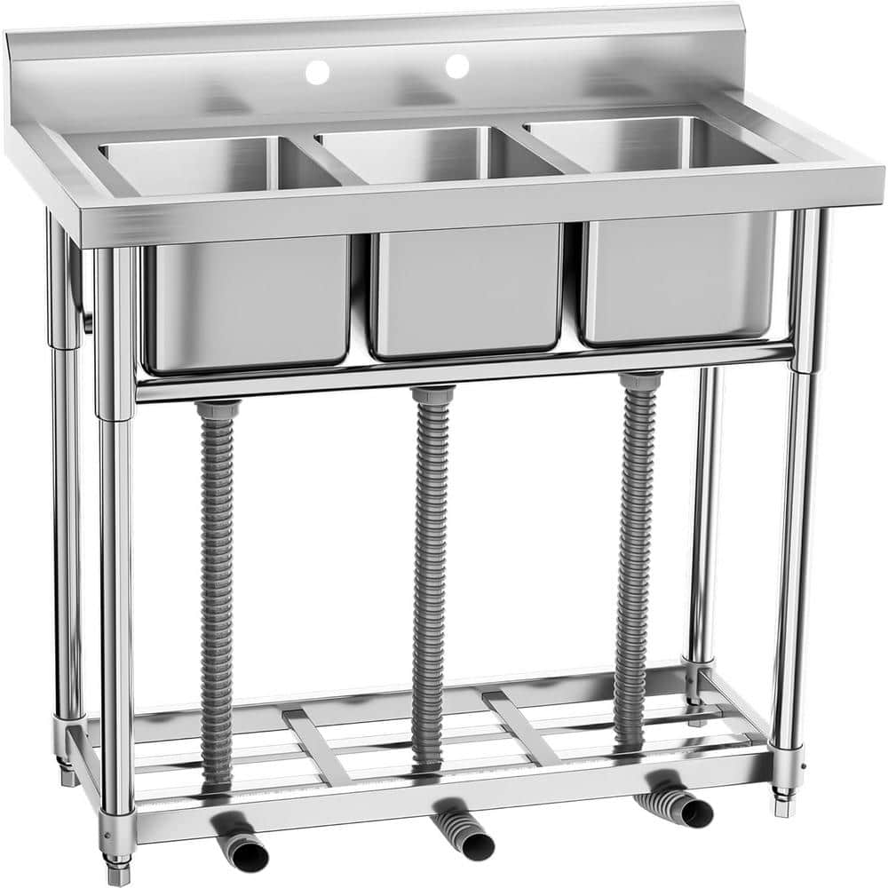 17.7 in. D x 39 in. W Freestanding 3 Compartment Utility Sink in Stainless 