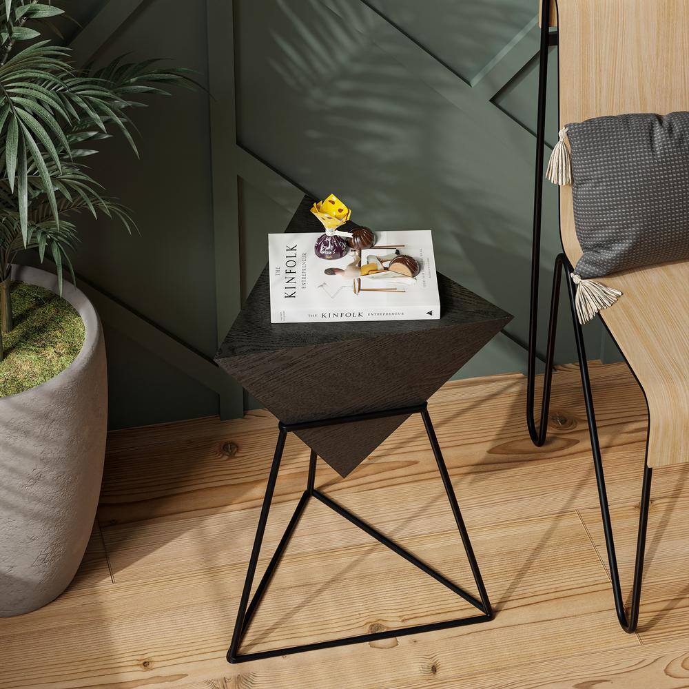 Modern 15.55 in. Black Triangle Wood End Table with Wooden Top and Metal Base