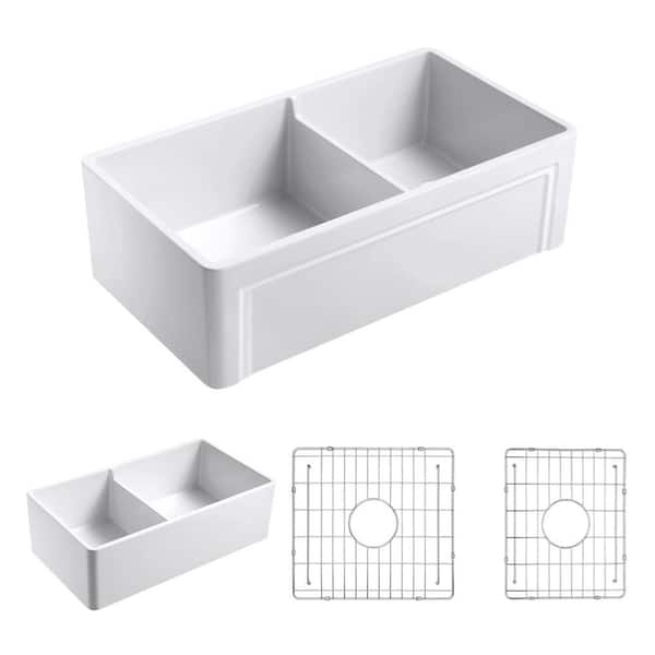Olde London Farmhouse Fireclay 33 in. 55/45 Double Bowl Kitchen Sink with Grid with Grid and Strainer