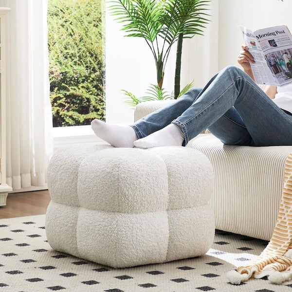 Oversized White Sherpa Upholstered Square Tufted Ottoman Modern