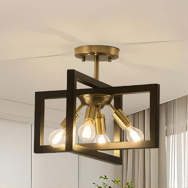 LWYTJO 15 in. 4-Light Black/Gold Farmhouse Semi-Flush Mount Light with Rustic Accent Square Cage for Dining Room