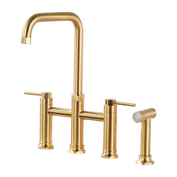 8 in. Double Handle Bridge Kitchen Faucet with Pull-Out Sprayer in Gold