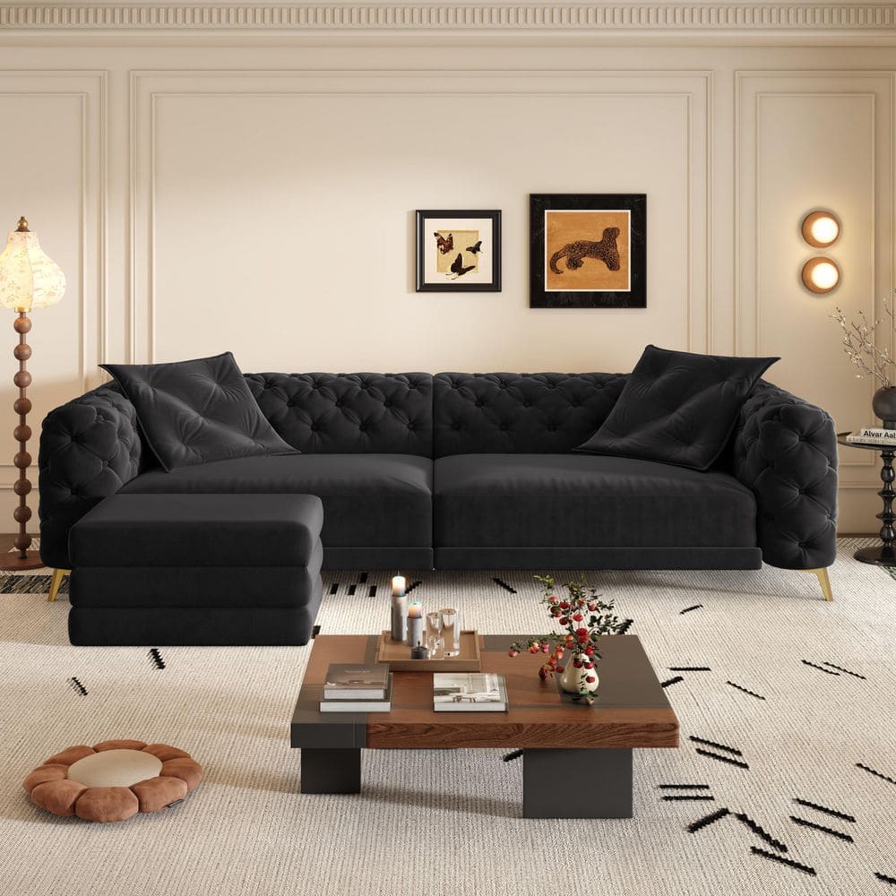 98 in. Black Tufted Arm 4-piece Velvet 3-in-1 Convertible King Size Sofa Bed, Sectional Sofa w/ Ottoman