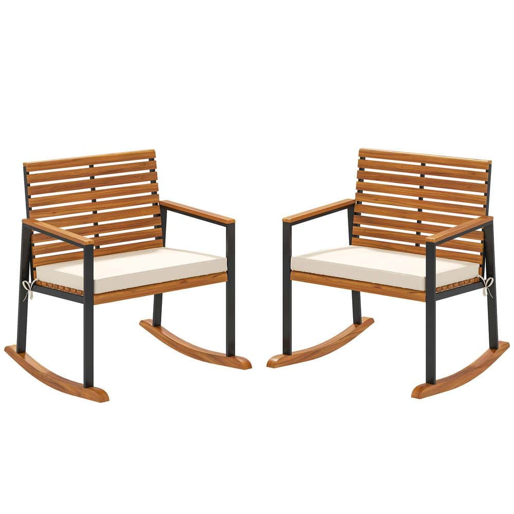 Set of 2 Metal & Wood Outdoor Rocking Chair with Cream White Cushion price history on PriceWatchPro