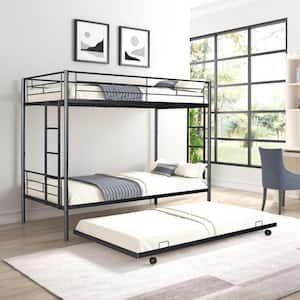 Metal Twin Over Twin Bunk Bed with Trundle, Can Be Separated into 2 Twin Beds,Black