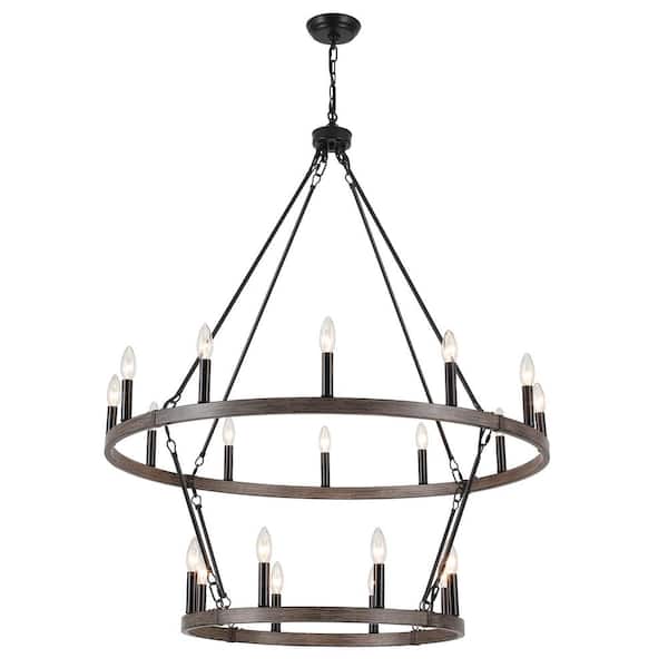 20-Light 2-Tier Black and Imitation Wood Grain Farmhouse Wagon Wheel Candlestick Chandelier