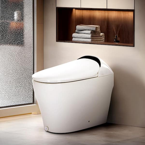 White Elongated Smart Toilet Bidet with Auto Open/Close, Auto Flush, Heated Seat, Warm Air Dryer and Foot Sensor