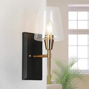 Classic 1-Light Painted Black Wall Sconce with Seeded Glass Shade and Brass Gold