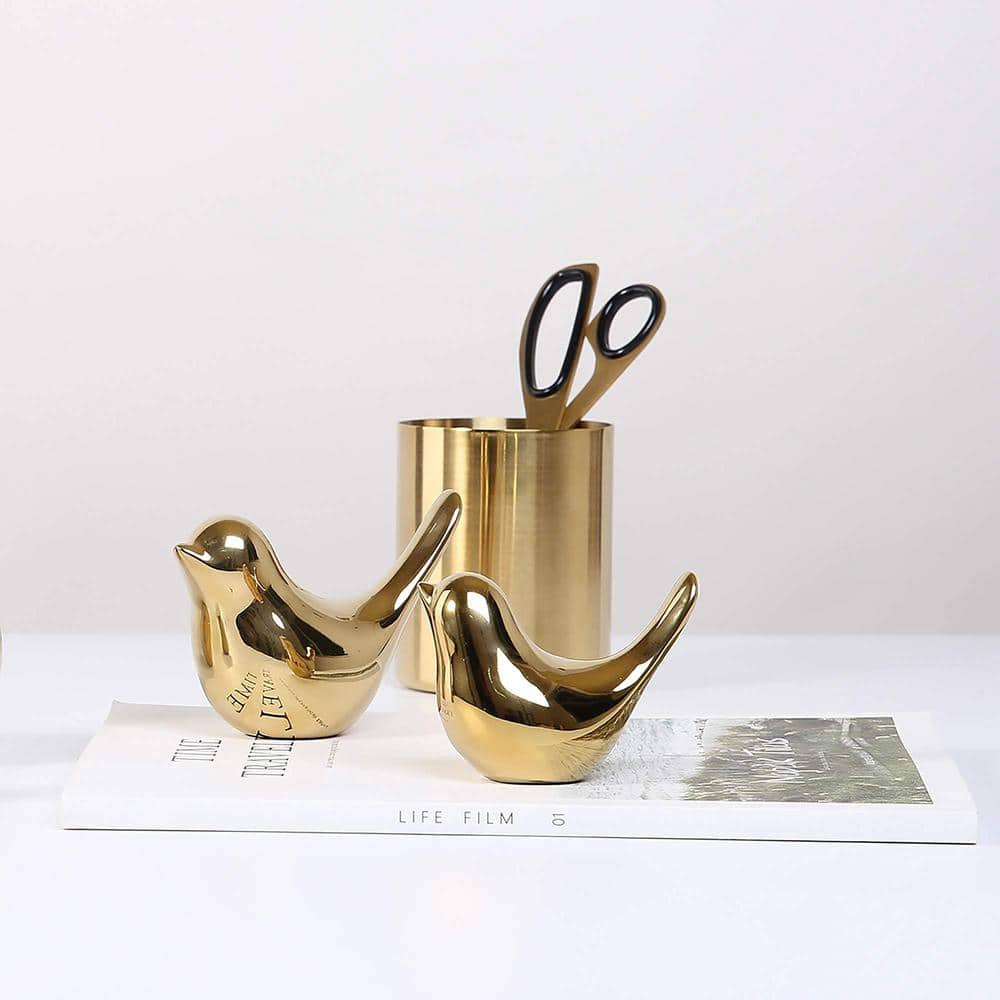 Gold Ceramic Bird Statues for Table Decor