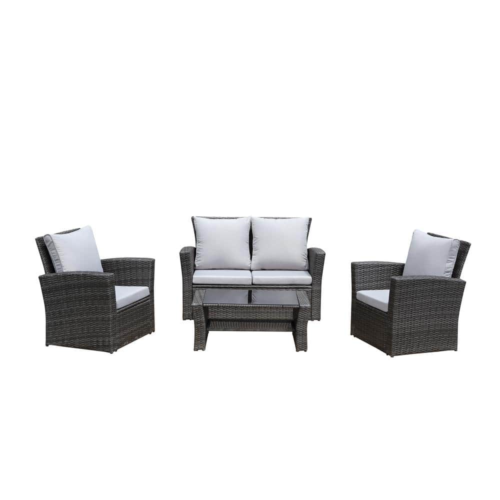 4-Pieces PE Rattan Wicker Patio Conversation Set, Outdoor, Patio Garden Bac