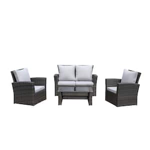 4-Pieces PE Rattan Wicker Patio Conversation Set, Outdoor, Patio Garden Backyard Sofa Set, with Grey Cushions