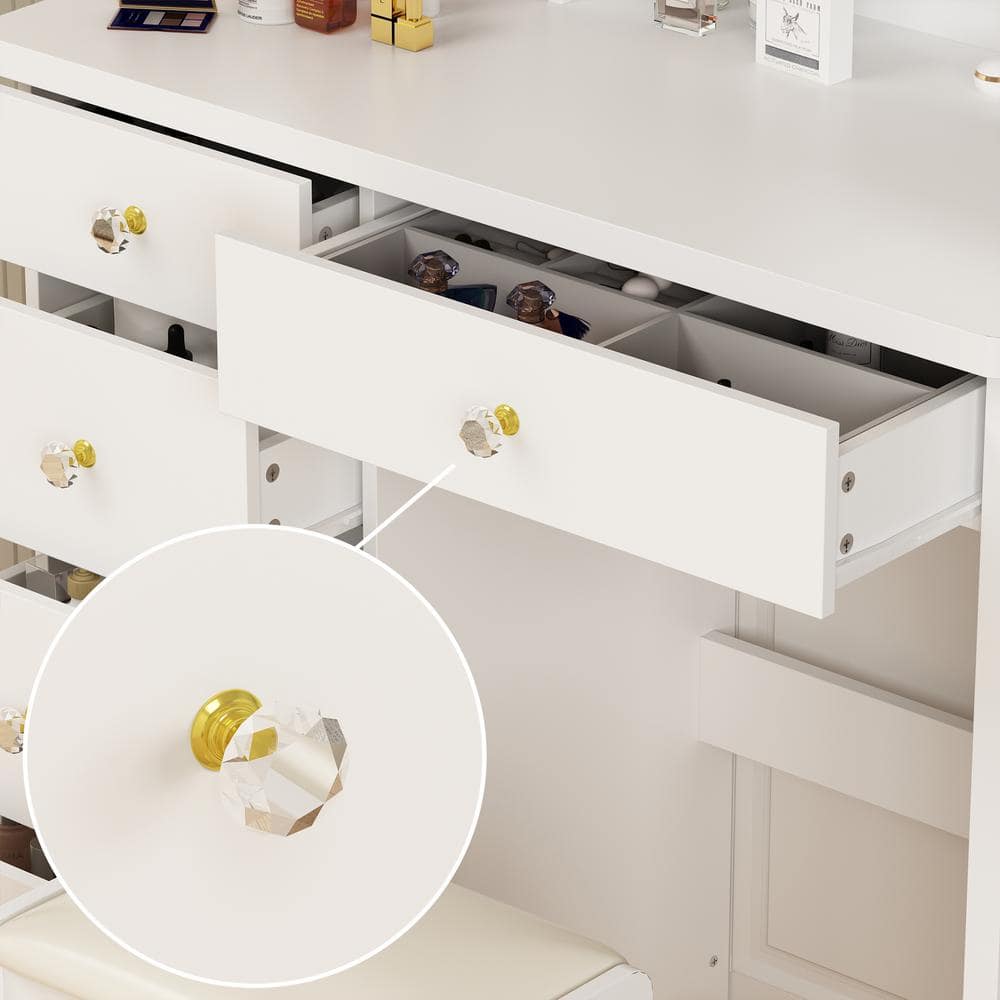 White Wood Makeup Vanity Set with LED Mirror and Stool