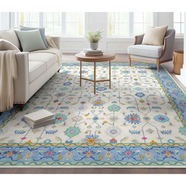 Ushak Antalya Modern Vintage Persian, 9 ft. 10 in. x 13 ft. in., Ivory Blue Multi Area Rug