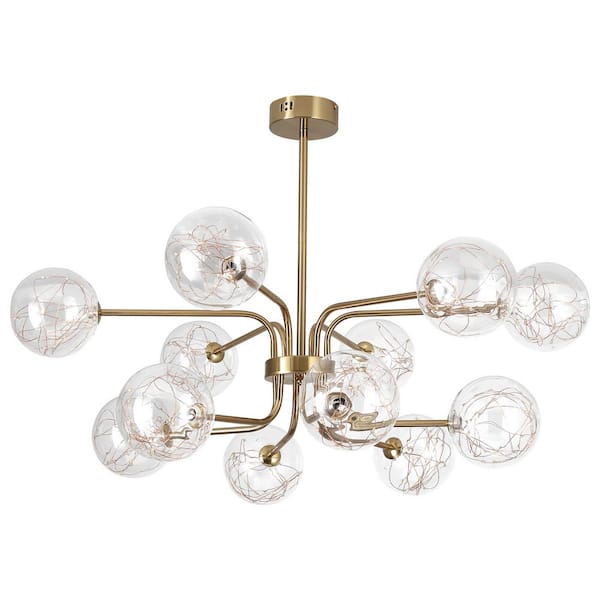 OUKANING 39.3 in. 12-Light Integrated LED Gold Modern Chandelier with Clear Glass Globe Shade for Kitchen Living Room Bedroom