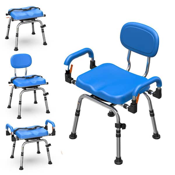 25in.W Wall Mounted Adjustable Height & Width 360°Swivel Shower Chair for Elderly & Disabled in Blue