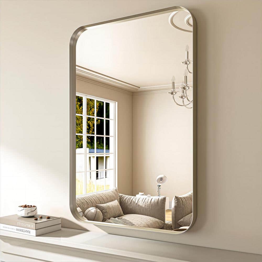 24 in. W x 36 in. H Modern Silver Aluminum Framed Rounded Wall Mount Mirror price history on PriceWatchPro