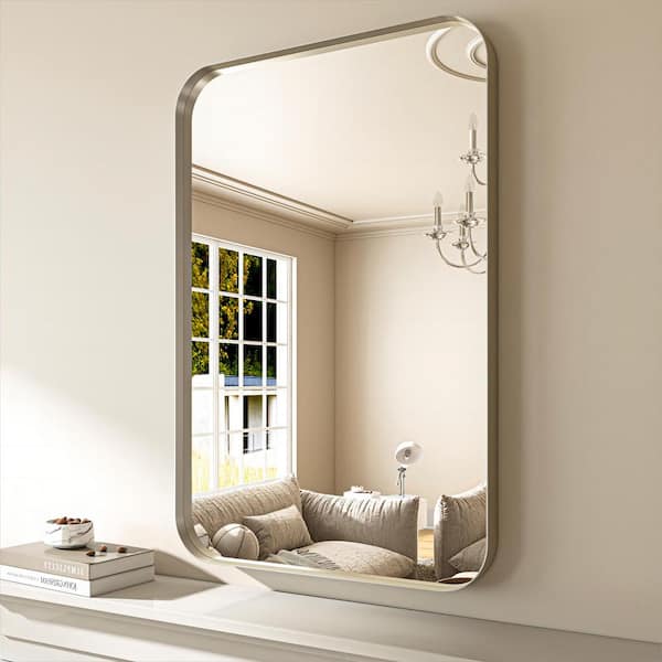 24 in. W x 36 in. H Modern Silver Aluminum Framed Rounded Wall Mount Mirror
