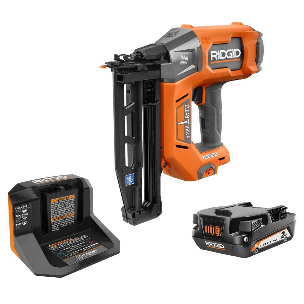 RIDGID 18V Brushless Cordless 16-Gauge 2-1/2 in. Straight Finish Nailer with 2.0 Ah Battery and Charger (R09893R9302)