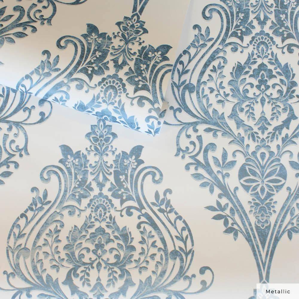 Coastal Blue Damask Non-Pasted Repositionable Wallpaper