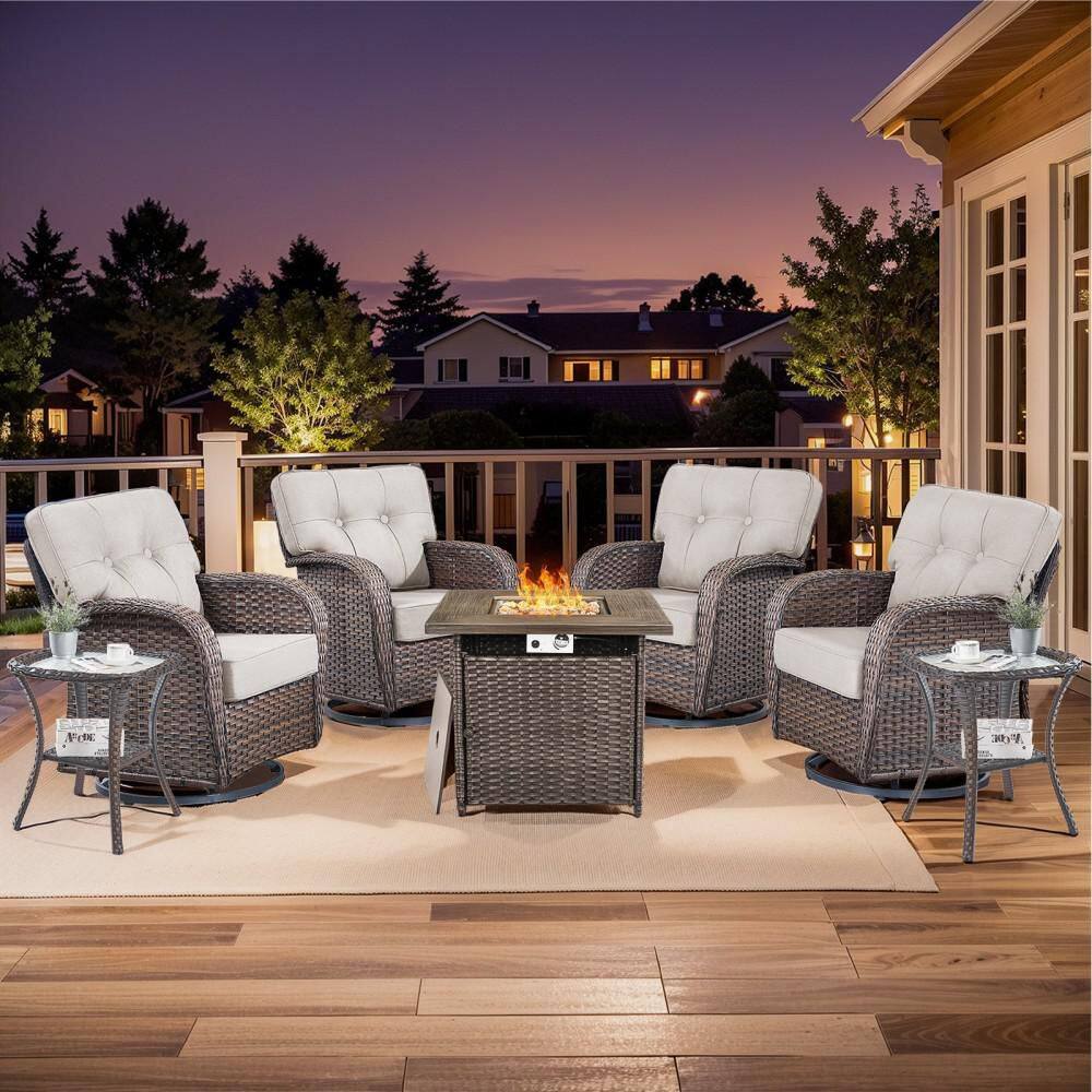 Tidalis Brown 7-Piece Wicker Outdoor Fire Pit Patio Conversation Set with 5 in. Beige Cushions and Swivel Glider Set price history on PriceWatchPro