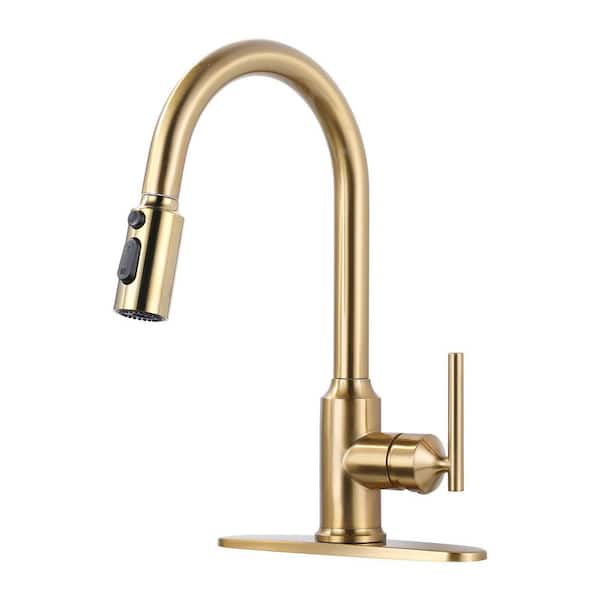 Modern High Arc Single Handle Pull-Down Sprayer Kitchen Faucet, Kitchen Sink Faucet with Deckplate in Brushed Gold