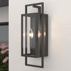 Decorators 21.46 in. Sand Black Dusk to Dawn 2-Light Outdoor Hardwired Wall Lantern Sconce with No Bulbs Included