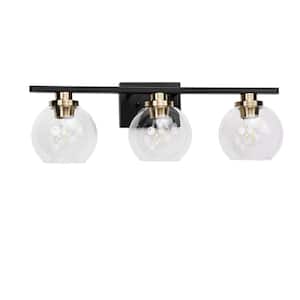 Industrial 25 in. 3-Light Black and Gold Bathroom Vanity Light, Modern Farmhouse Wall Sconce with Globe Glass Shades